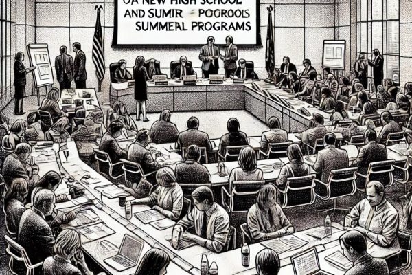 A stipple drawing in black and white of a busy school board meeting with attendees discussing the construction of a new high school and summer educational programs.