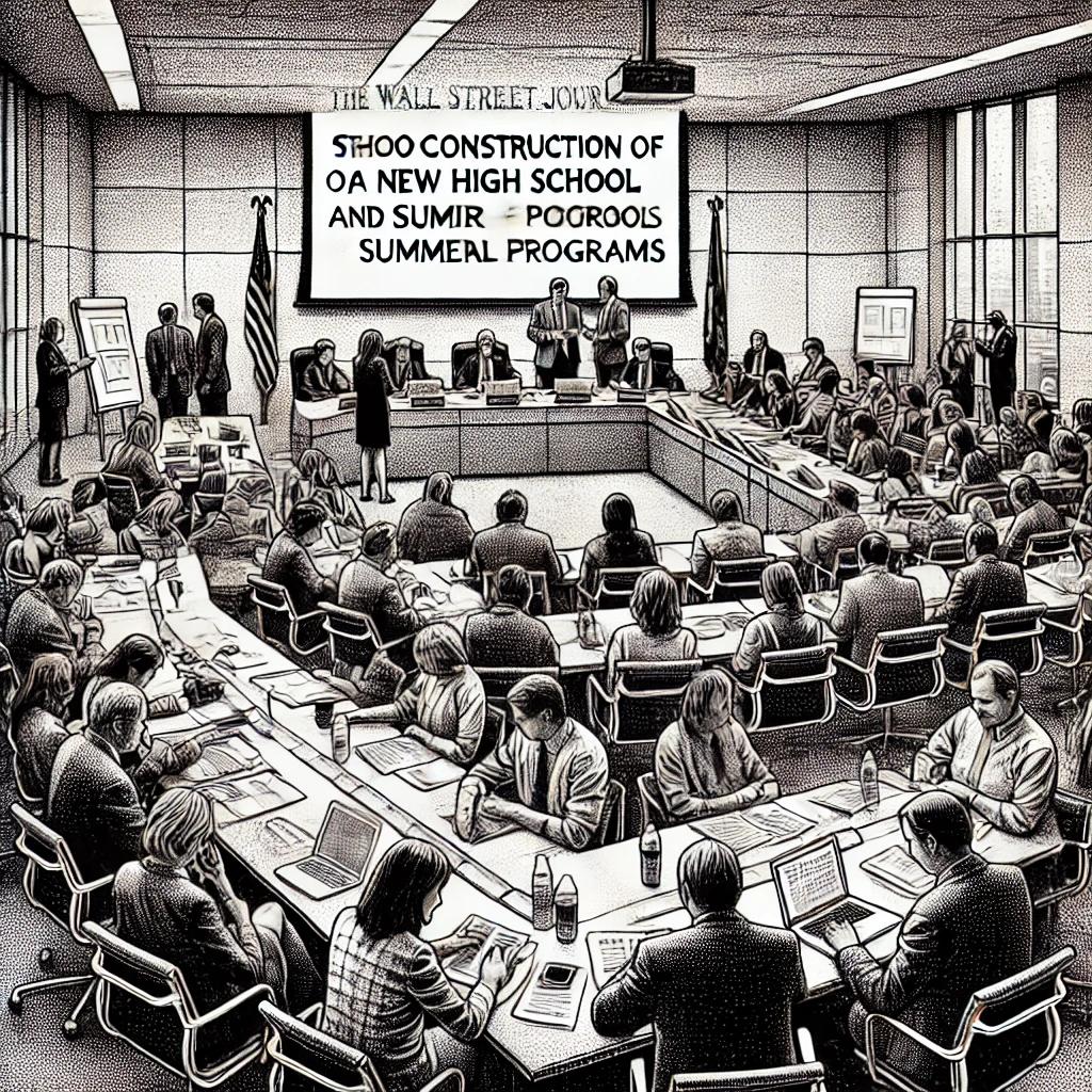 A stipple drawing in black and white of a busy school board meeting with attendees discussing the construction of a new high school and summer educational programs.