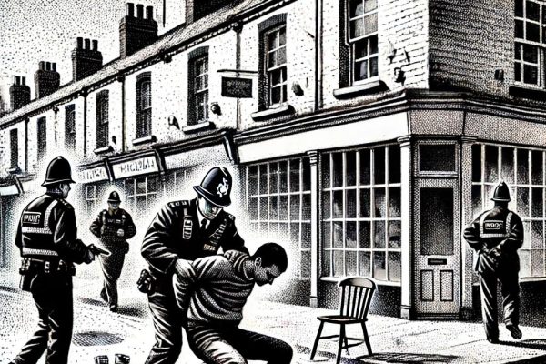 Black and white stipple drawing depicting a police officer making an arrest on a street, reflecting recent events in Farmington, CT