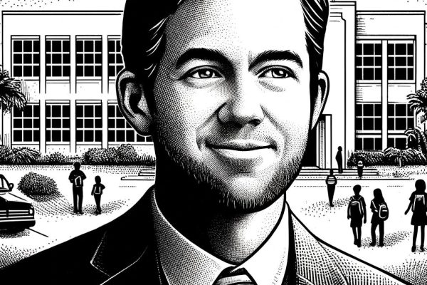 Black and white stipple illustration of Jeffrey Russell, the new Assistant Principal at Farmington High School, standing in front of a school building with a welcoming expression. Students and staff are depicted in the background, symbolizing his commitment to the school community.