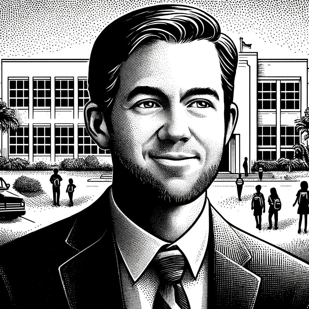 Black and white stipple illustration of Jeffrey Russell, the new Assistant Principal at Farmington High School, standing in front of a school building with a welcoming expression. Students and staff are depicted in the background, symbolizing his commitment to the school community.