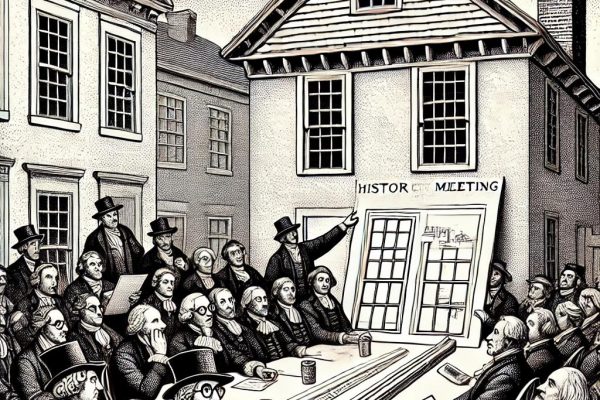 A black and white stipple illustration depicting a historic town meeting with a mix of serious and humorous elements. People sit at a long table, one person holds up a window frame, another points at architectural plans, with a historic building and a PVC railing in the background.