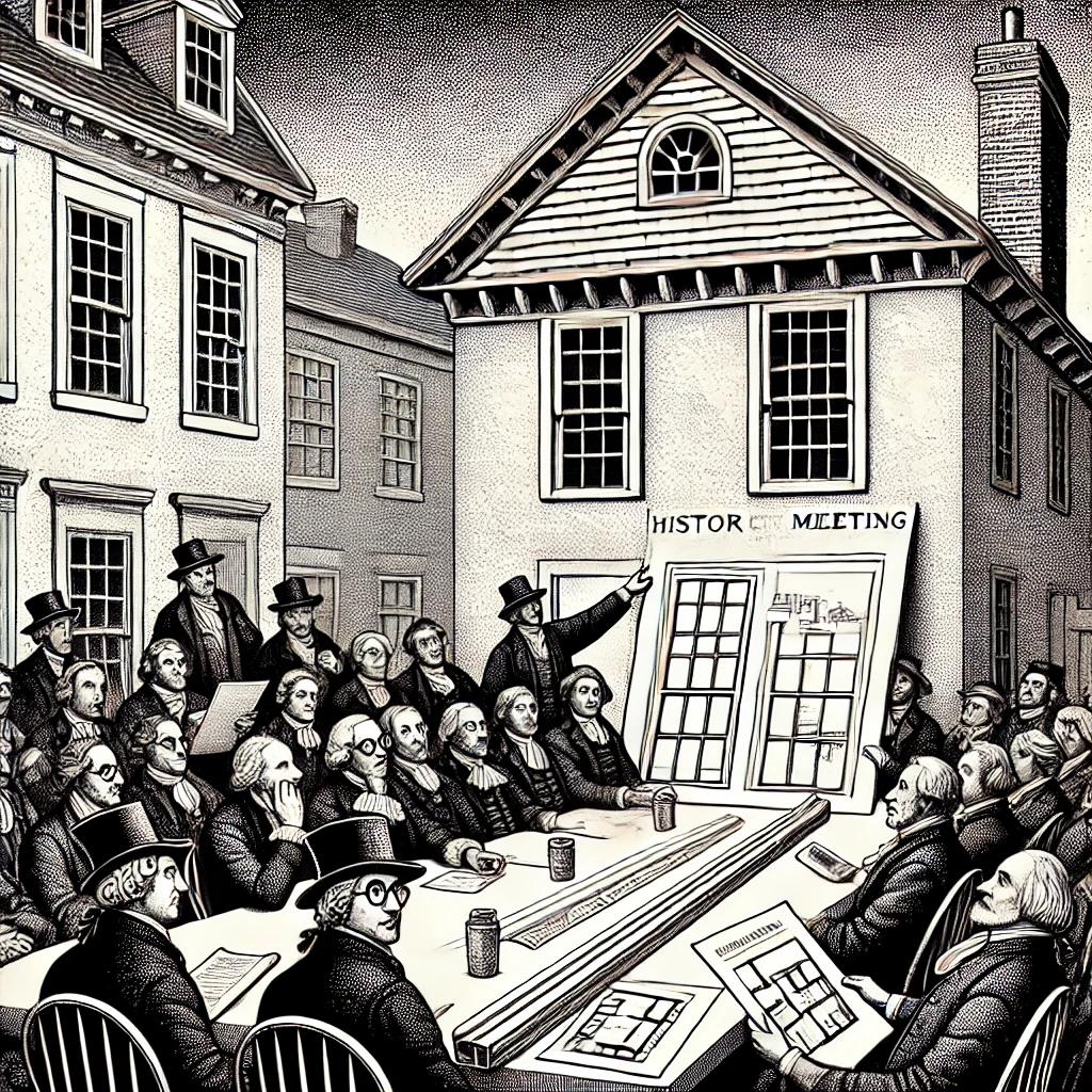 A black and white stipple illustration depicting a historic town meeting with a mix of serious and humorous elements. People sit at a long table, one person holds up a window frame, another points at architectural plans, with a historic building and a PVC railing in the background.