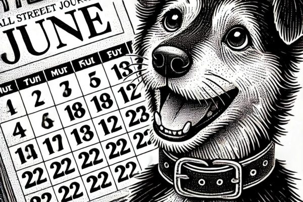 A detailed black and white stipple illustration of a playful dog with a collar looking at a calendar displaying the month of June with a highlighted date. The dog appears happy and energetic, with expressive eyes and a wagging tail.