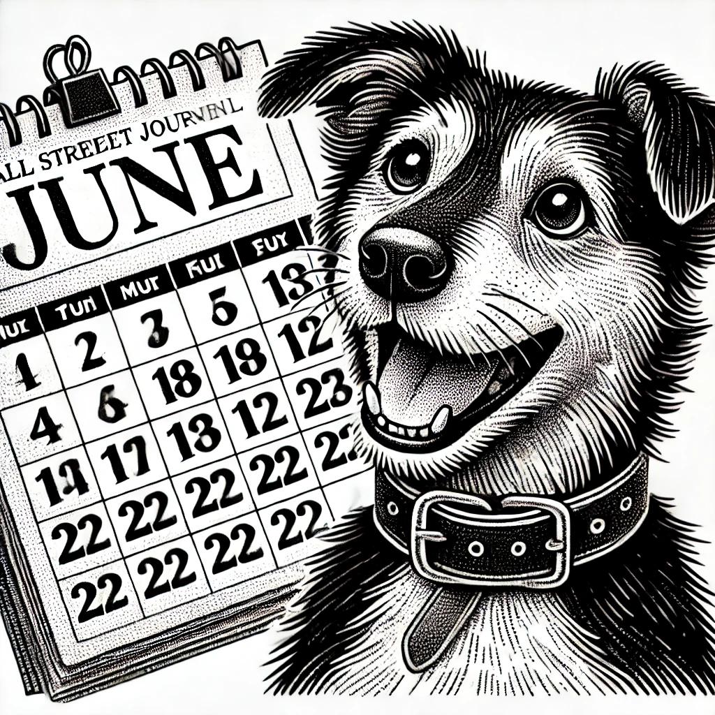 A detailed black and white stipple illustration of a playful dog with a collar looking at a calendar displaying the month of June with a highlighted date. The dog appears happy and energetic, with expressive eyes and a wagging tail.