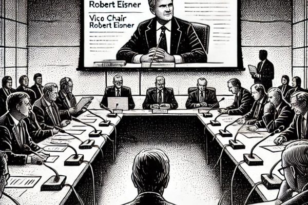 A black and white stipple illustration of a town committee meeting with Vice Chair Robert Eisner presiding over the session. Other committee members are seated at a long table with documents and a projector screen in the background, creating a formal, professional atmosphere.