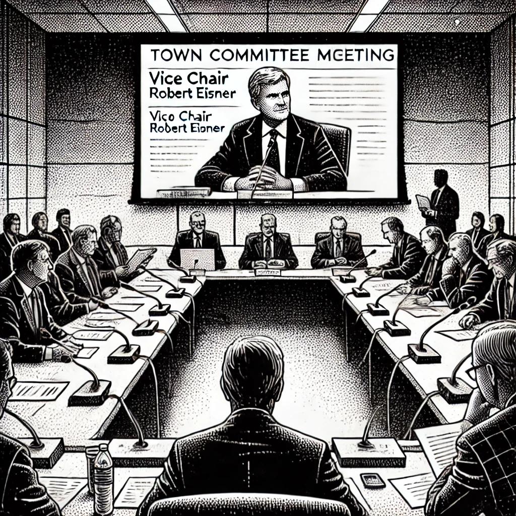 A black and white stipple illustration of a town committee meeting with Vice Chair Robert Eisner presiding over the session. Other committee members are seated at a long table with documents and a projector screen in the background, creating a formal, professional atmosphere.