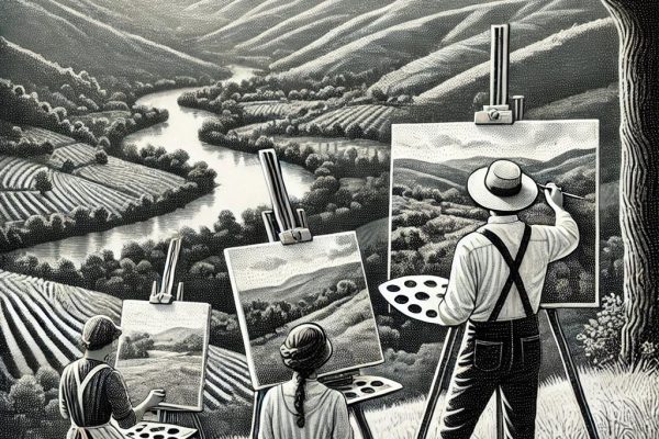 A detailed black and white stipple illustration of artists painting the scenic landscape of the Farmington Valley outdoors. The image features artists with easels capturing rolling hills, a river, and trees in an elegant and classic style.