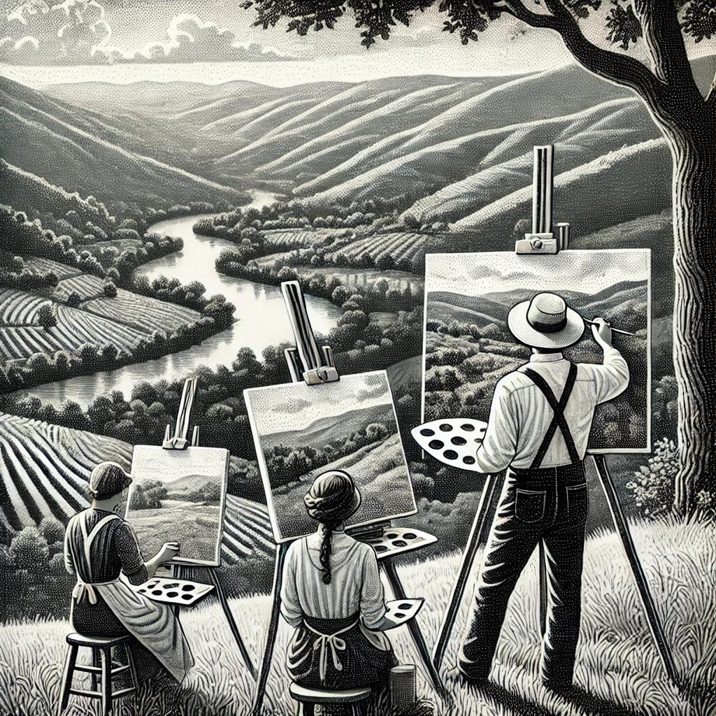 A detailed black and white stipple illustration of artists painting the scenic landscape of the Farmington Valley outdoors. The image features artists with easels capturing rolling hills, a river, and trees in an elegant and classic style.