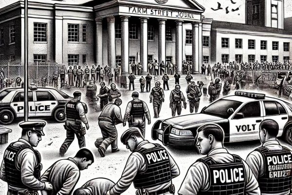 A detailed black and white stipple illustration in the style of the Wall Street Journal, depicting police officers making arrests in Farmington, CT on June 24, 2024. The scene includes officers detaining individuals and a courthouse in the background.