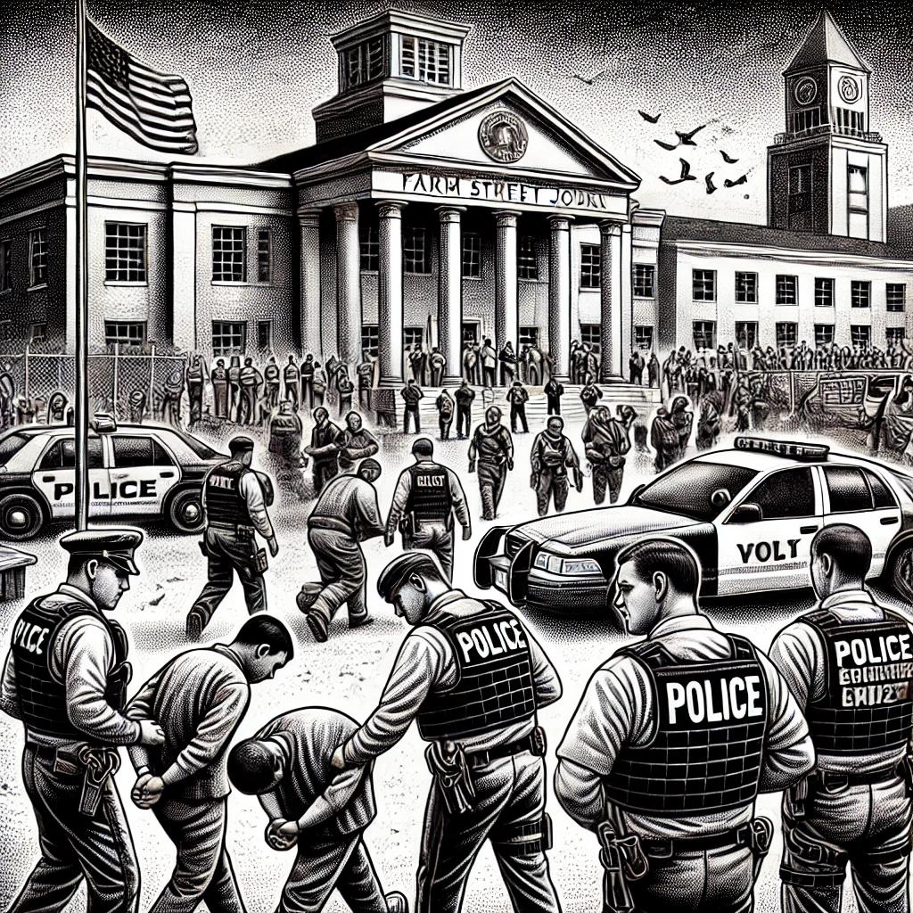 A detailed black and white stipple illustration in the style of the Wall Street Journal, depicting police officers making arrests in Farmington, CT on June 24, 2024. The scene includes officers detaining individuals and a courthouse in the background.