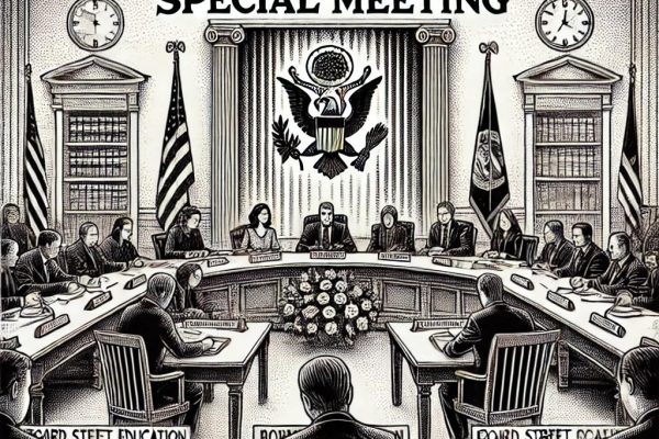 Black and white stipple illustration of a Board of Education meeting with members seated at a long table, documents and microphones present, and a banner reading 'Board of Education Special Meeting' in the background.