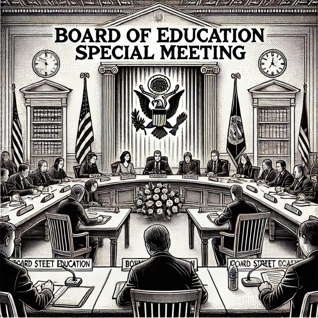 Black and white stipple illustration of a Board of Education meeting with members seated at a long table, documents and microphones present, and a banner reading 'Board of Education Special Meeting' in the background.