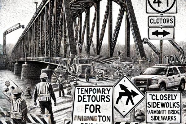 Black and white stipple illustration of Unionville Bridge in Farmington, CT, with closed sidewalks and detour signs due to construction.