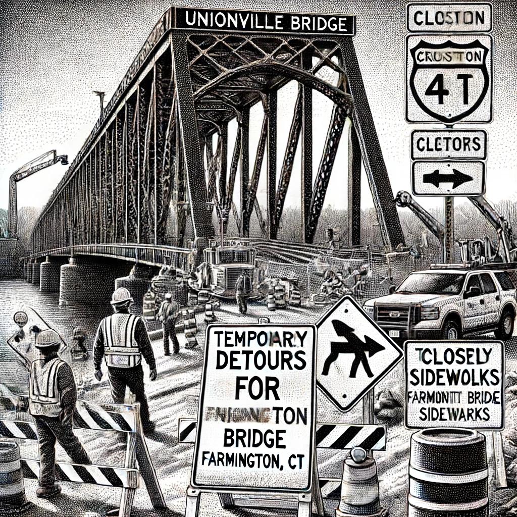 Black and white stipple illustration of Unionville Bridge in Farmington, CT, with closed sidewalks and detour signs due to construction.