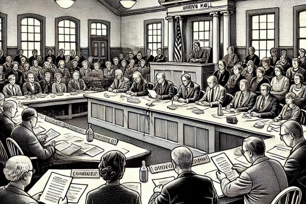 A detailed black and white stipple illustration of a community meeting in a traditional town hall. Committee members sit at a long table with papers and microphones, while an audience of townspeople, including young students and elderly residents, watches attentively. The committee chairperson is prominently speaking, holding a gavel.