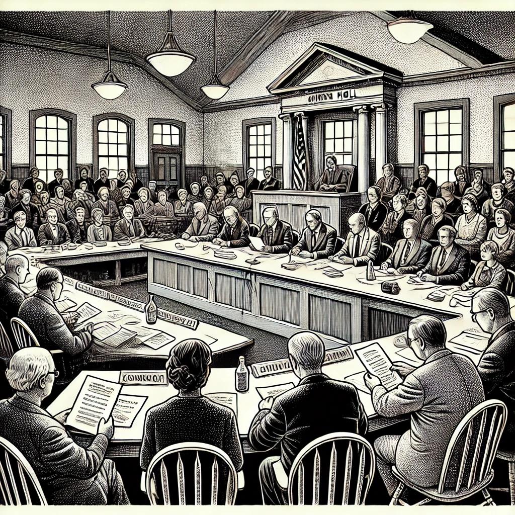 A detailed black and white stipple illustration of a community meeting in a traditional town hall. Committee members sit at a long table with papers and microphones, while an audience of townspeople, including young students and elderly residents, watches attentively. The committee chairperson is prominently speaking, holding a gavel.