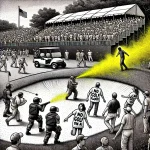 Black and white stipple illustration of a chaotic scene at a golf tournament with climate protesters, security, golfers, and fans.
