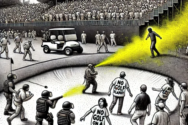 Black and white stipple illustration of a chaotic scene at a golf tournament with climate protesters, security, golfers, and fans.