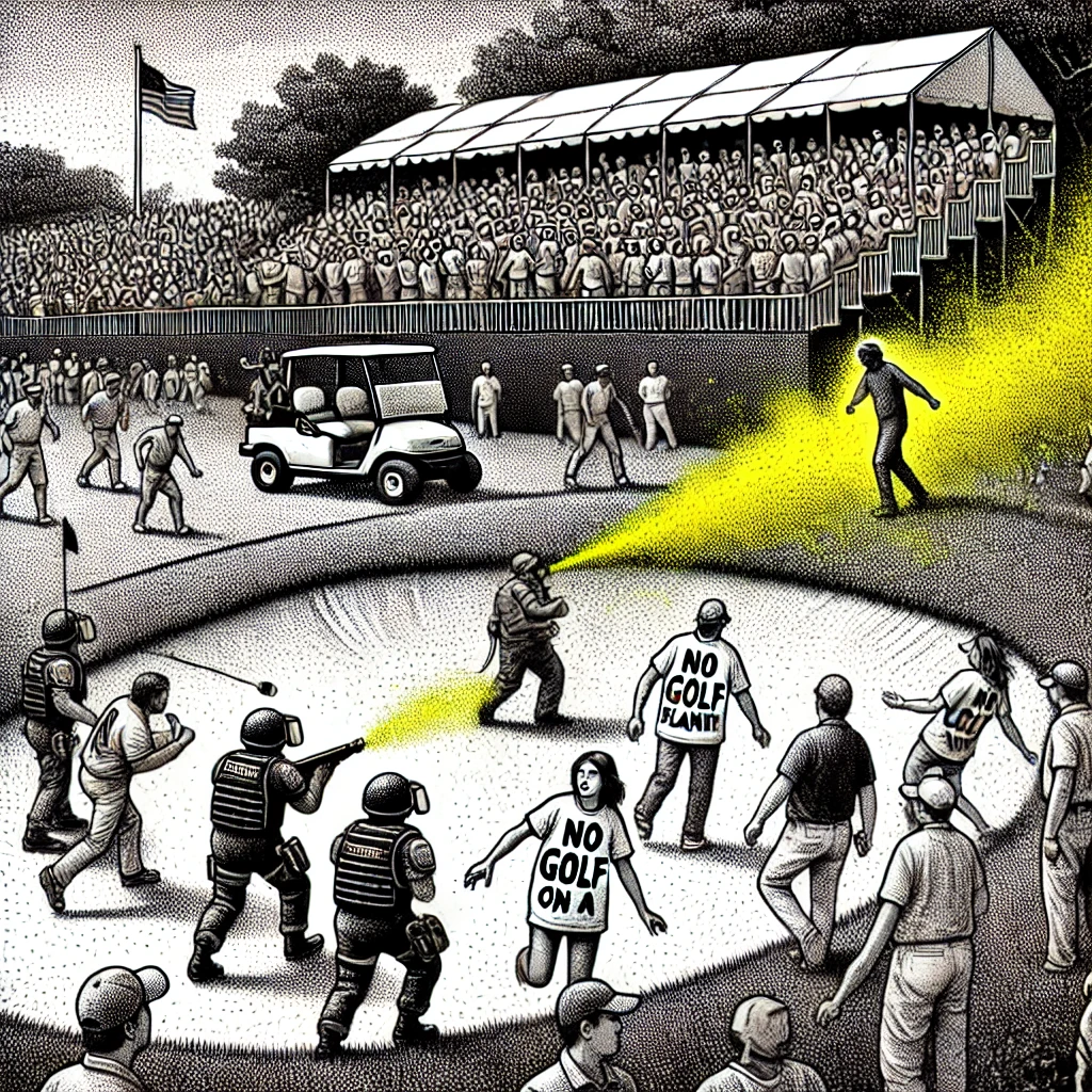 Black and white stipple illustration of a chaotic scene at a golf tournament with climate protesters, security, golfers, and fans.