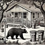 A black and white stipple illustration in the style of the Wall Street Journal depicts a bear in a suburban neighborhood. The bear stands near a house with visible bird feeders, garbage bins, and a barbecue grill, illustrating potential attractants.