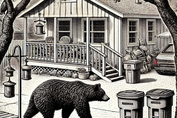 A black and white stipple illustration in the style of the Wall Street Journal depicts a bear in a suburban neighborhood. The bear stands near a house with visible bird feeders, garbage bins, and a barbecue grill, illustrating potential attractants.