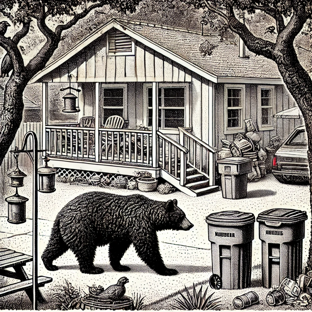 A black and white stipple illustration in the style of the Wall Street Journal depicts a bear in a suburban neighborhood. The bear stands near a house with visible bird feeders, garbage bins, and a barbecue grill, illustrating potential attractants.