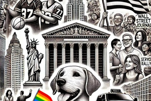 A black and white stipple image in the style of the Wall Street Journal depicting a collage of community scenes including a cheering sports crowd, historical buildings, a service dog, a Pride rally with rainbow flags, and a luxury condominium building.