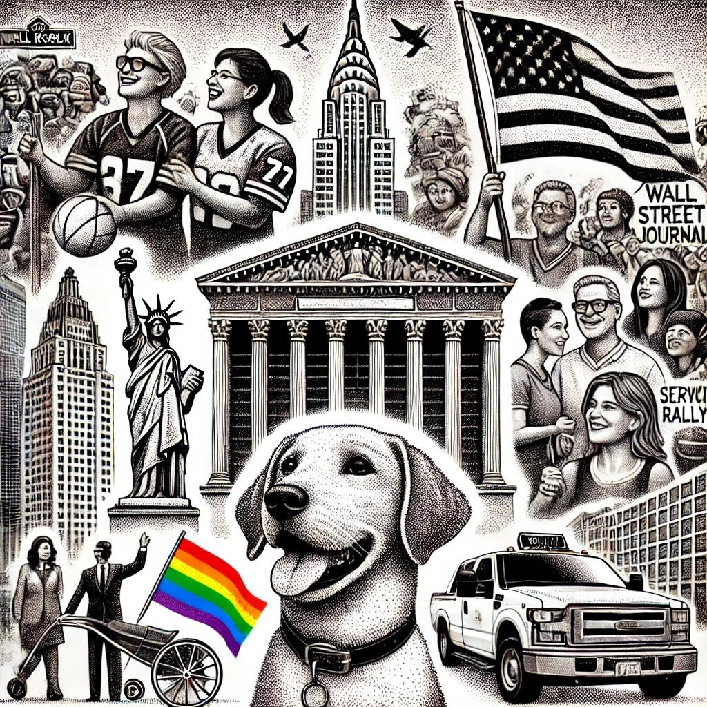 A black and white stipple image in the style of the Wall Street Journal depicting a collage of community scenes including a cheering sports crowd, historical buildings, a service dog, a Pride rally with rainbow flags, and a luxury condominium building.