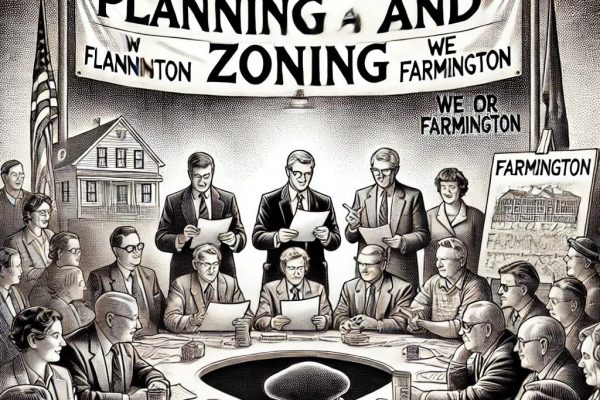 Black and white stipple illustration of a lively town meeting with Farmington Planning and Zoning officials discussing plans at a central table. A sign in the background reads 'Farmington Planning and Zoning' and a banner says 'We Are Farmington'.