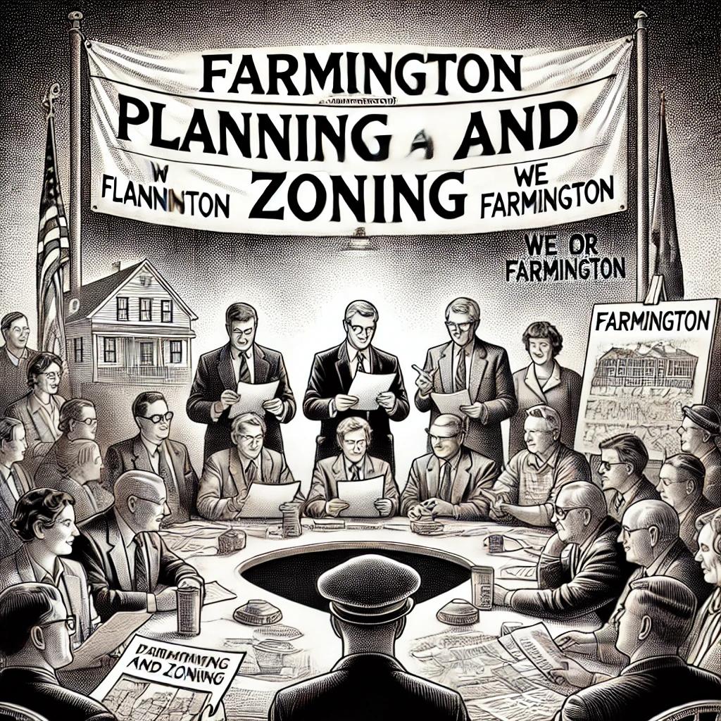 Black and white stipple illustration of a lively town meeting with Farmington Planning and Zoning officials discussing plans at a central table. A sign in the background reads 'Farmington Planning and Zoning' and a banner says 'We Are Farmington'.