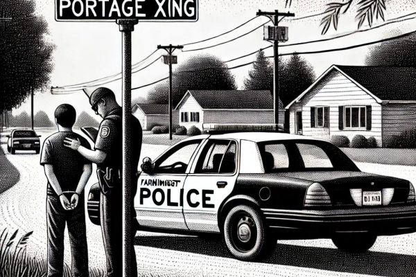 A black and white stipple drawing depicting a Farmington Police officer standing near a patrol car, holding a clipboard, and speaking to a detained individual. The scene includes a street sign for Meadow Rd and Portage Xing, with houses and trees in the background, representing an arrest in a suburban area.