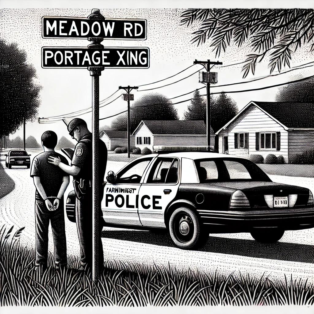 A black and white stipple drawing depicting a Farmington Police officer standing near a patrol car, holding a clipboard, and speaking to a detained individual. The scene includes a street sign for Meadow Rd and Portage Xing, with houses and trees in the background, representing an arrest in a suburban area.