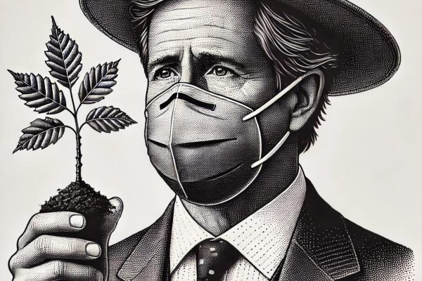 A black and white stipple illustration of Governor Ned Lamont wearing a face mask and holding a sapling tree.