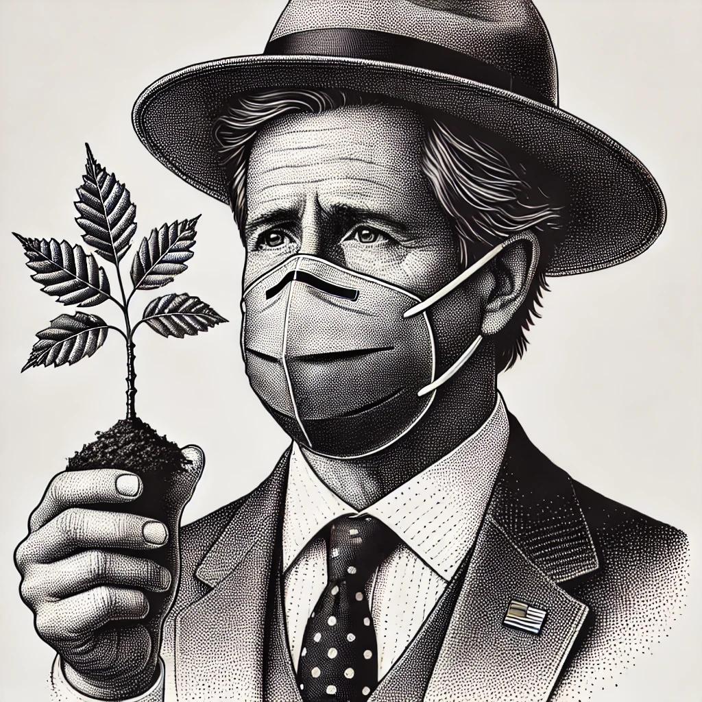 A black and white stipple illustration of Governor Ned Lamont wearing a face mask and holding a sapling tree.