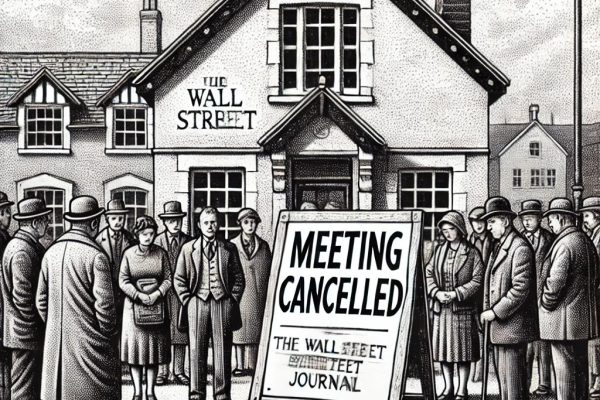 A black and white stipple illustration of a group of disappointed people standing in front of a “Meeting Cancelled” sign, with a quaint town hall and scattered architectural drawings in the background.