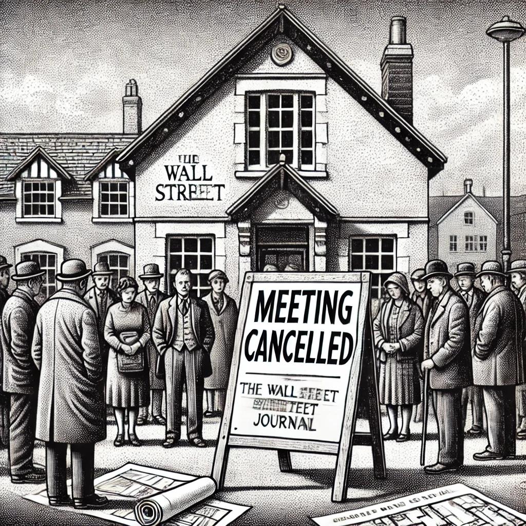 A black and white stipple illustration of a group of disappointed people standing in front of a “Meeting Cancelled” sign, with a quaint town hall and scattered architectural drawings in the background.