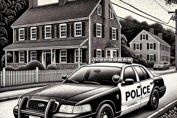 A black and white stipple illustration of a police car with flashing lights parked on a suburban street in Farmington, CT, with a New England colonial house and trees in the background.