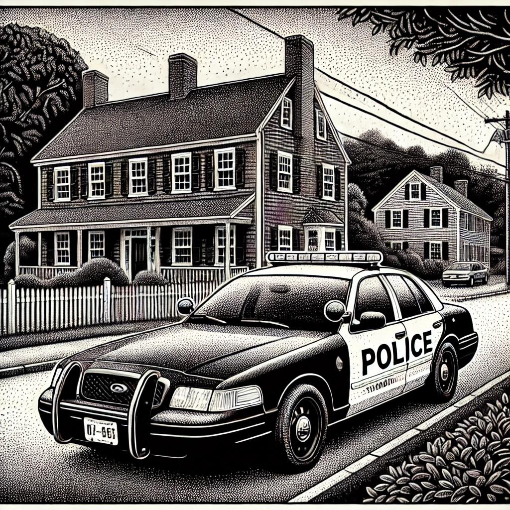 A black and white stipple illustration of a police car with flashing lights parked on a suburban street in Farmington, CT, with a New England colonial house and trees in the background.