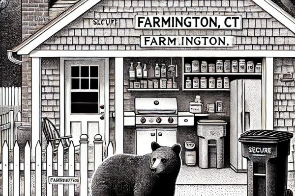 A black and white stipple illustration of a bear near a house in Farmington, CT. The house has secure garbage cans, a clean barbecue grill, and bird feeders stored inside a garage. The bear looks curious but maintains a distance. The background features trees and a calm suburban neighborhood.