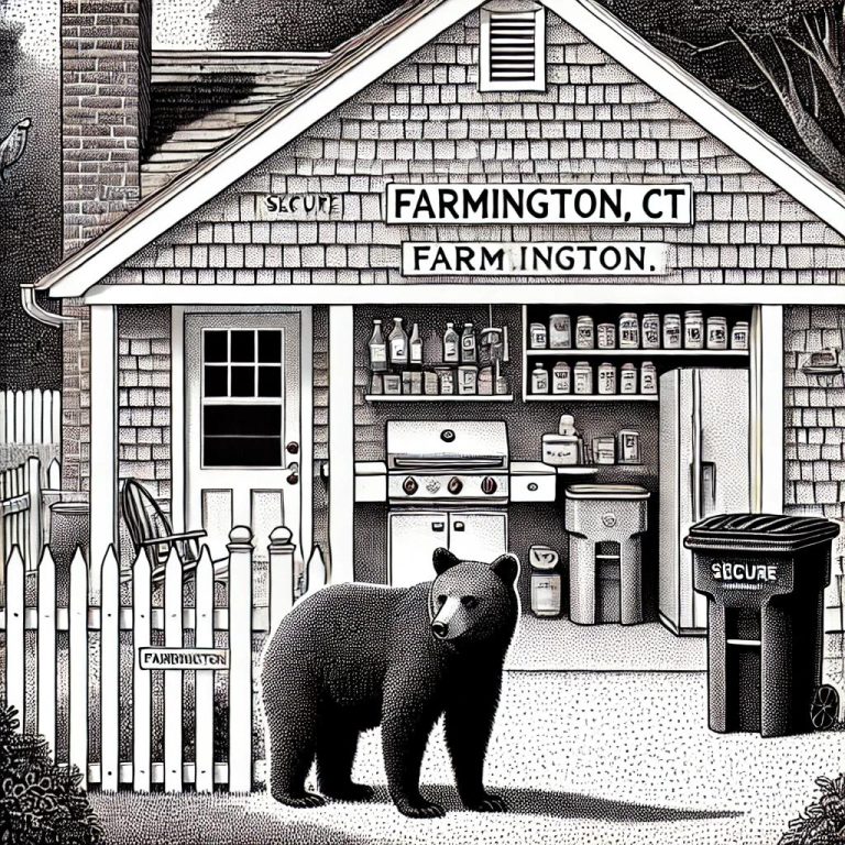 A black and white stipple illustration of a bear near a house in Farmington, CT. The house has secure garbage cans, a clean barbecue grill, and bird feeders stored inside a garage. The bear looks curious but maintains a distance. The background features trees and a calm suburban neighborhood.