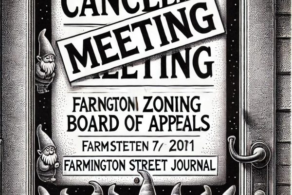 A black and white stipple illustration depicting a canceled meeting sign for the Farmington Zoning Board of Appeals. The sign is prominently displayed on a door, with humorous elements like question marks and small gnomes peeking around the edges.