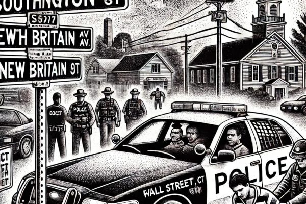 Stipple illustration in black and white depicting a police car with lights on, arrest scenes with officers and suspects, and Farmington, CT landmarks such as South Road and New Britain Avenue street signs.