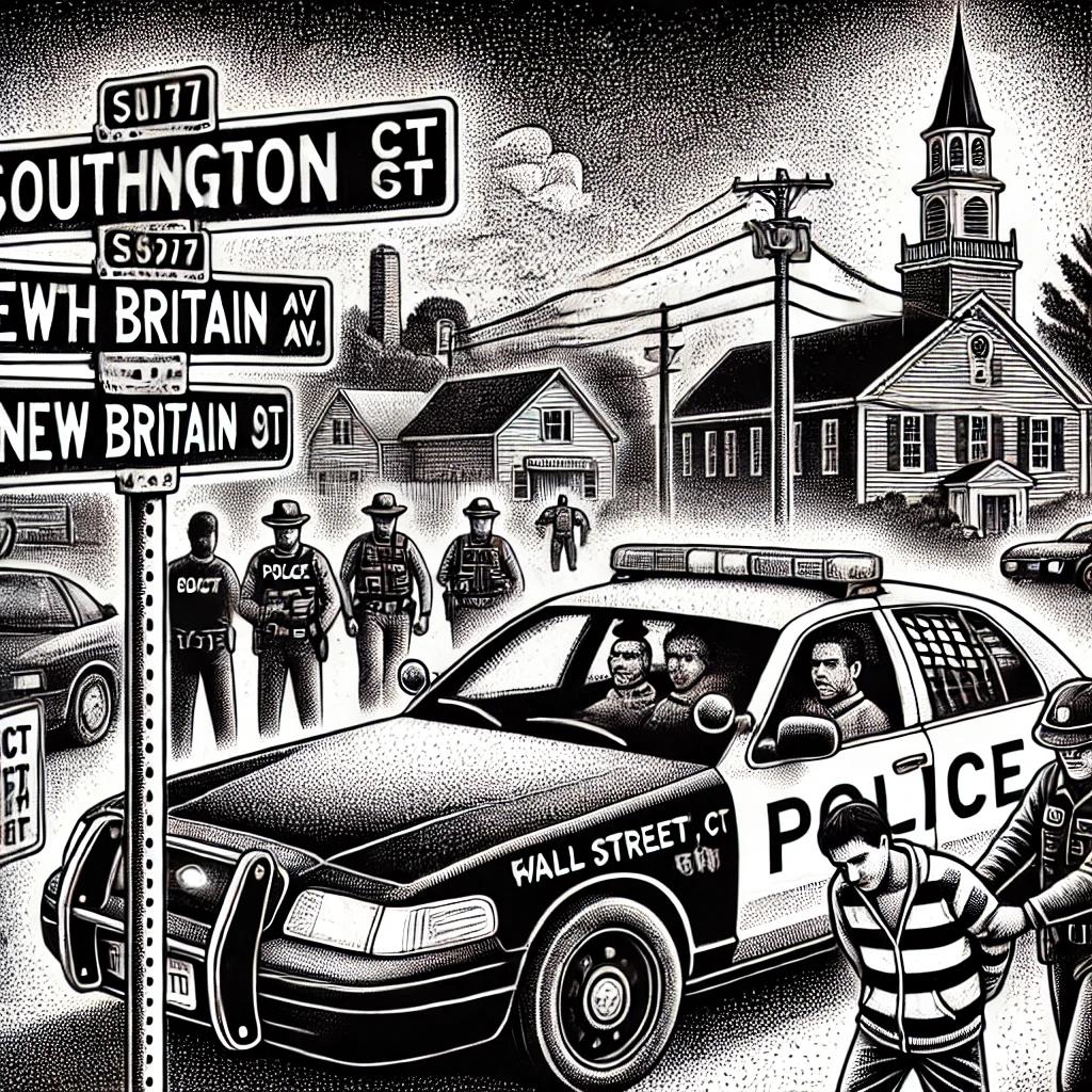 Stipple illustration in black and white depicting a police car with lights on, arrest scenes with officers and suspects, and Farmington, CT landmarks such as South Road and New Britain Avenue street signs.