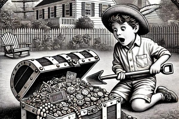 A detailed black and white stipple illustration in the style of the Wall Street Journal depicts a young boy discovering a buried pirate treasure chest in his backyard. The boy, holding a shovel, looks surprised and excited as he unearths the ancient chest filled with gold coins, jewelry, and maritime charts. The background features a typical suburban backyard with trees and a house in the distance.