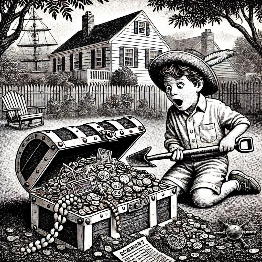 A detailed black and white stipple illustration in the style of the Wall Street Journal depicts a young boy discovering a buried pirate treasure chest in his backyard. The boy, holding a shovel, looks surprised and excited as he unearths the ancient chest filled with gold coins, jewelry, and maritime charts. The background features a typical suburban backyard with trees and a house in the distance.