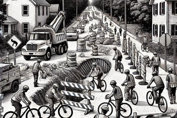 A black and white stipple illustration showing construction work on Scoville Road at the intersection with the Farmington Canal Heritage Trail. Construction workers are present, with barricades and a section of the pavement removed. Cyclists are dismounting their bikes, and pedestrians are navigating the area carefully. Trees and a trail path are visible in the background.