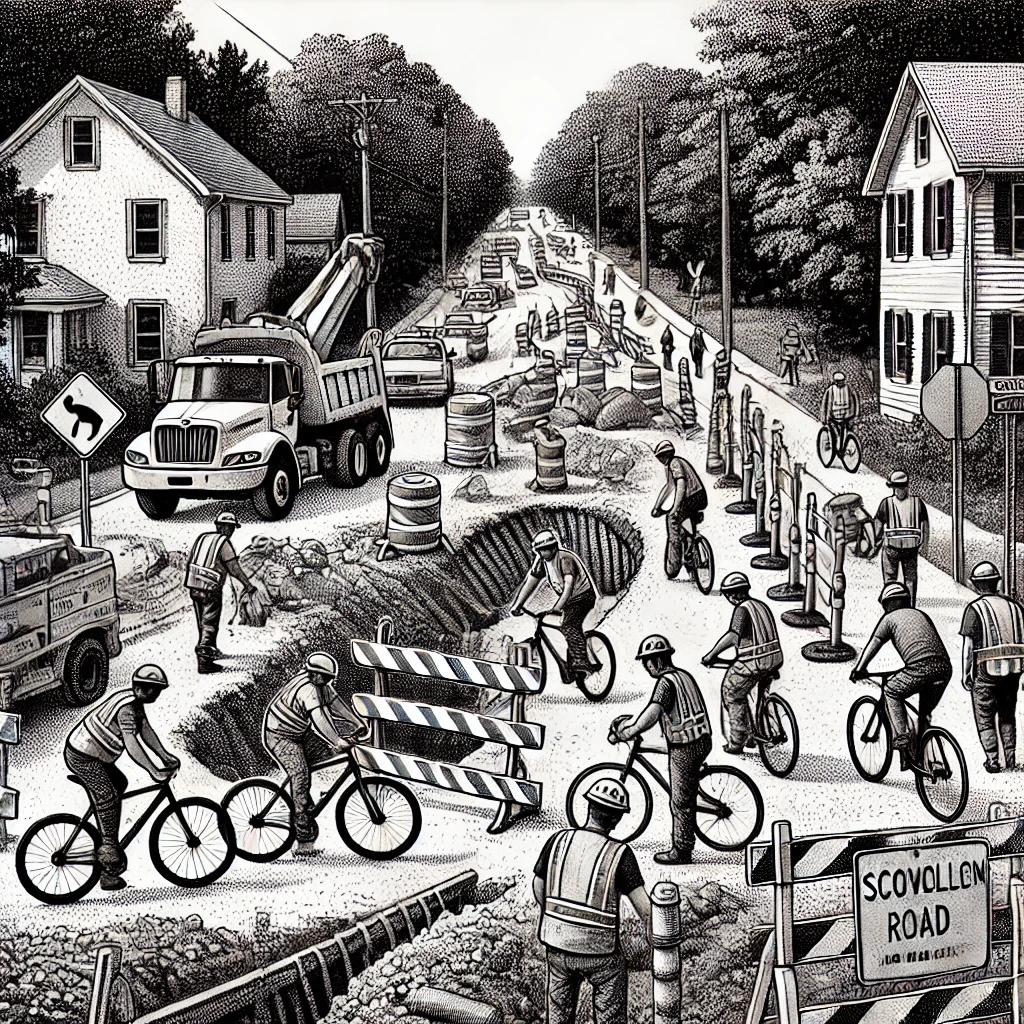 A black and white stipple illustration showing construction work on Scoville Road at the intersection with the Farmington Canal Heritage Trail. Construction workers are present, with barricades and a section of the pavement removed. Cyclists are dismounting their bikes, and pedestrians are navigating the area carefully. Trees and a trail path are visible in the background.