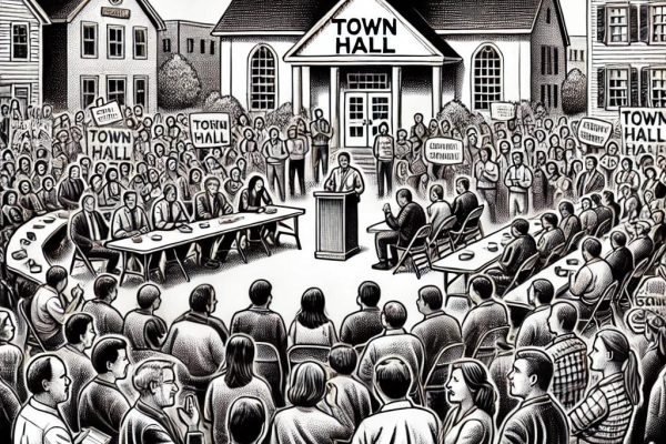 A black and white stipple illustration depicting a lively town hall meeting. Community members of various ages, including Gen-Z, are animatedly discussing topics. The scene includes a traditional town hall building, a large sign, and a fence in the foreground.