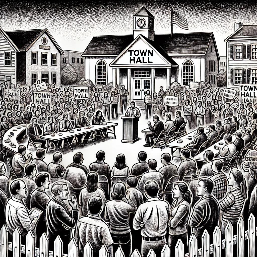 A black and white stipple illustration depicting a lively town hall meeting. Community members of various ages, including Gen-Z, are animatedly discussing topics. The scene includes a traditional town hall building, a large sign, and a fence in the foreground.